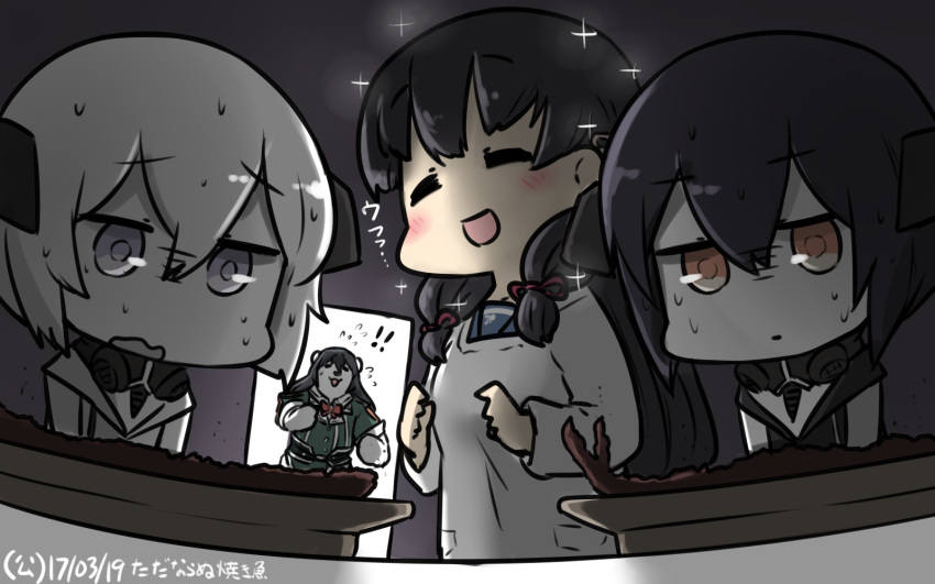 2017 3girls abyssal_twin_hime_(black) abyssal_twin_hime_(white) animalization apron bear black_dress black_hair blush chikuma_(kantai_collection) closed_eyes commentary dated dress flying_sweatdrops hair_between_eyes hamu_koutarou highres isokaze_(kantai_collection) kantai_collection kappougi long_hair multiple_girls polar_bear shinkaisei-kan short_hair sleeveless sleeveless_dress sparkle sweat turn_pale white_dress white_hair