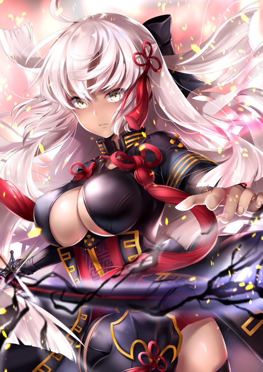 1girl absurdres ahoge aura black_bow black_legwear board_game bow breasts cleavage cleavage_cutout commentary_request dark_aura dark_skin eyebrows_visible_through_hair fate/grand_order fate_(series) fighting_stance floating_hair hair_between_eyes hair_bow hair_ornament hane_yuki high_collar highres holding holding_weapon large_breasts long_hair long_sleeves looking_at_viewer okita_souji_(alter)_(fate) okita_souji_(fate)_(all) serious solo standing sword tassel thigh-highs thighs underbust very_long_hair weapon white_hair yellow_eyes zettai_ryouiki