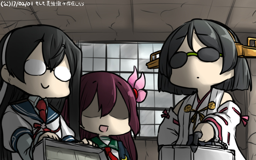 3girls black_hair briefcase commentary crescent crescent_moon_pin cuffs dated detached_sleeves glasses green-framed_eyewear hair_ornament hairband hamu_koutarou handcuffs headgear highres kantai_collection kirishima_(kantai_collection) kisaragi_(kantai_collection) long_hair multiple_girls necktie nontraditional_miko ooyodo_(kantai_collection) open_mouth purple_hair remodel_(kantai_collection) ribbon-trimmed_sleeves ribbon_trim school_uniform semi-rimless_eyewear serafuku shaded_face short_hair sunglasses