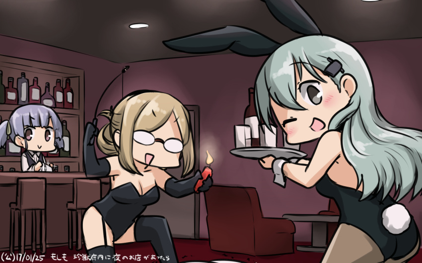 &gt;:) 3girls ;d alcohol animal_ears bar bdsm blonde_hair blush bottle bunny_tail bunnysuit candle check_commentary commentary_request dated dominatrix elbow_gloves folded_ponytail garter_straps glasses gloves hair_ornament hairclip hamu_koutarou highres kantai_collection katori_(kantai_collection) long_hair multiple_girls one_eye_closed ooshio_(kantai_collection) opaque_glasses open_mouth pantyhose pointer purple_hair rabbit_ears remodel_(kantai_collection) silver_hair smile stool suzuya_(kantai_collection) tail thigh-highs tray twintails v-shaped_eyebrows vest wine_bottle