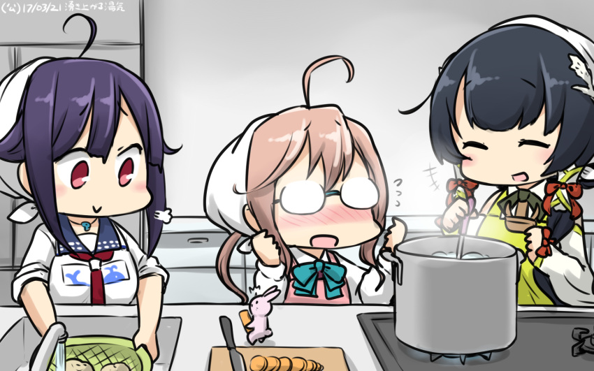 3girls :d ^_^ ahoge apron black_hair blush carrot closed_eyes commentary cooking dated flying_sweatdrops fogged_glasses glasses hair_tubes hamu_koutarou head_scarf highres kantai_collection kitchen knife long_hair makigumo_(kantai_collection) mizuho_(kantai_collection) multiple_girls neckerchief opaque_glasses open_mouth pink_hair pot rabbit sidelocks sink sleeves_past_wrists smile taigei_(kantai_collection) twintails very_long_hair