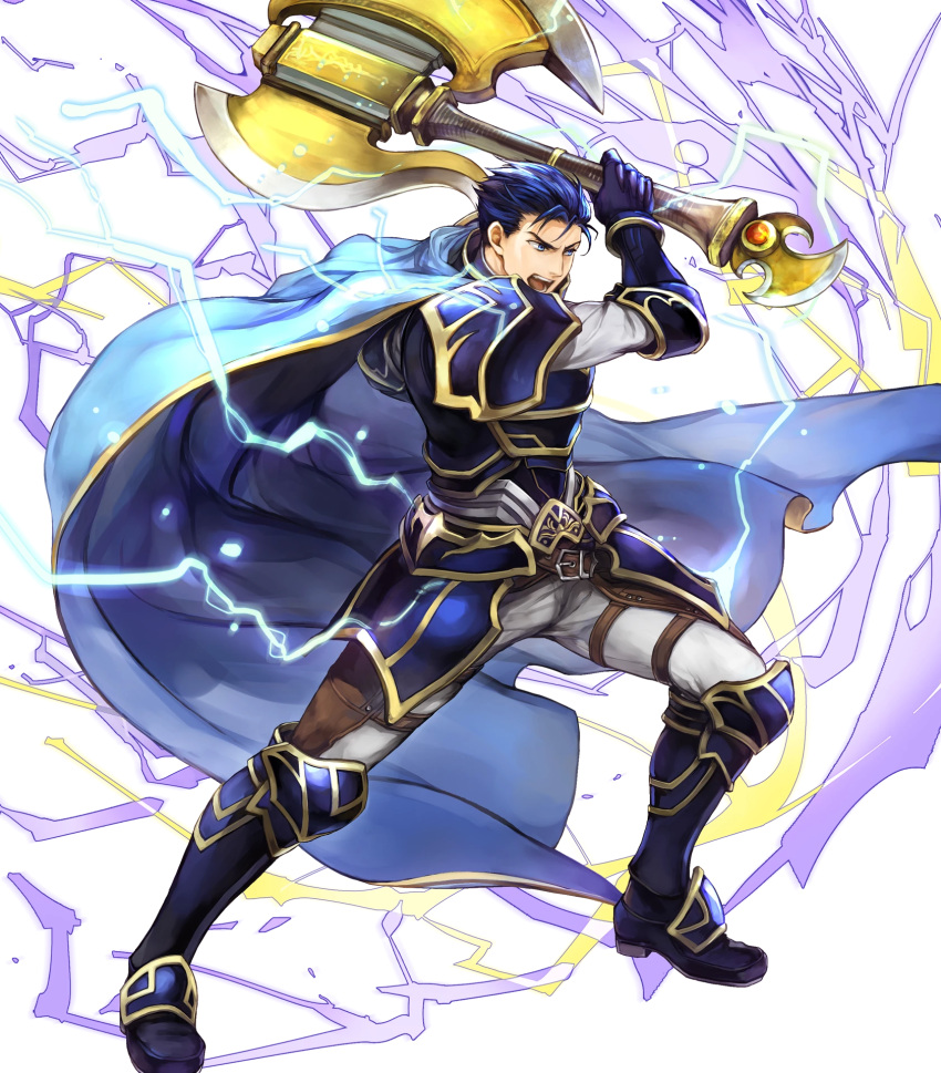 1boy armor armored_boots axe bangs battle_axe belt blue_eyes blue_hair boots cape fire_emblem fire_emblem:_rekka_no_ken fire_emblem_heroes full_body gauntlets hector_(fire_emblem) highres holding holding_weapon lightning long_sleeves official_art open_mouth pants short_hair shoulder_armor shoulder_pads solo transparent_background wada_sachiko weapon