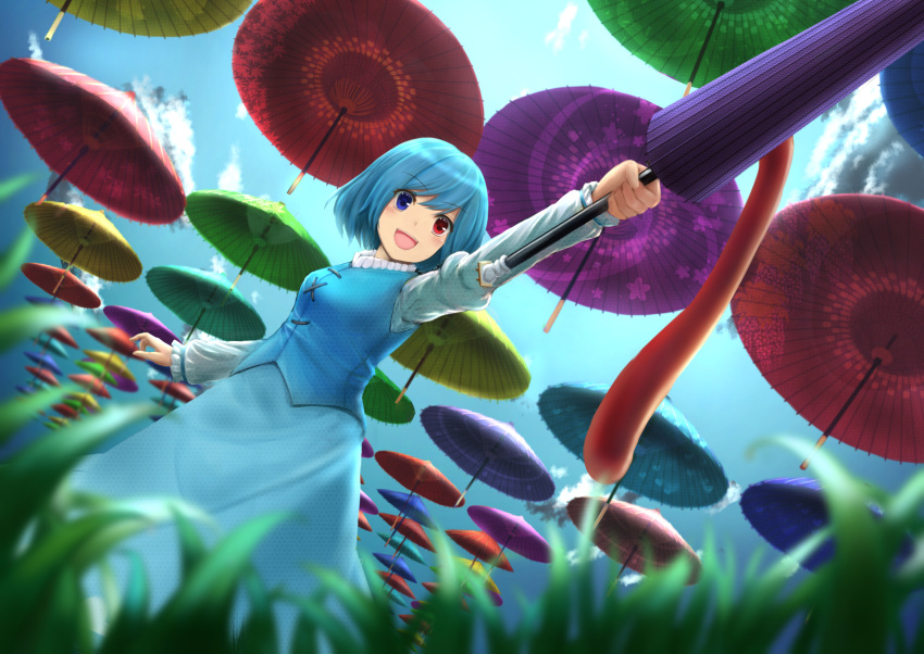1girl :d arm_up bangs blue_eyes blue_hair blue_skirt blue_sky blue_vest blurry blush breasts clouds commentary_request depth_of_field dutch_angle eyebrows_visible_through_hair feet_out_of_frame from_below grass heterochromia highres juliet_sleeves karakasa_obake long_sleeves looking_away luke_(kyeftss) open_mouth oriental_umbrella outstretched_arm puffy_sleeves red_eyes skirt skirt_set sky small_breasts smile solo swept_bangs tatara_kogasa touhou umbrella vest