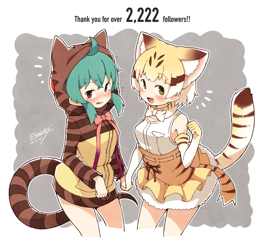 2girls absurdres animal_ears animal_hood belt blush bow bowtie brown_eyes cat_ears cat_tail dated elbow_gloves enk_0822 eyebrows_visible_through_hair flying_sweatdrops followers frilled_skirt frills gloves green_eyes hand_holding high-waist_skirt highres hood hoodie kemono_friends long_sleeves multiple_girls neck_ribbon nose_blush ribbon sand_cat_(kemono_friends) signature skirt sleeveless snake_tail striped tail tearing_up tsuchinoko_(kemono_friends)