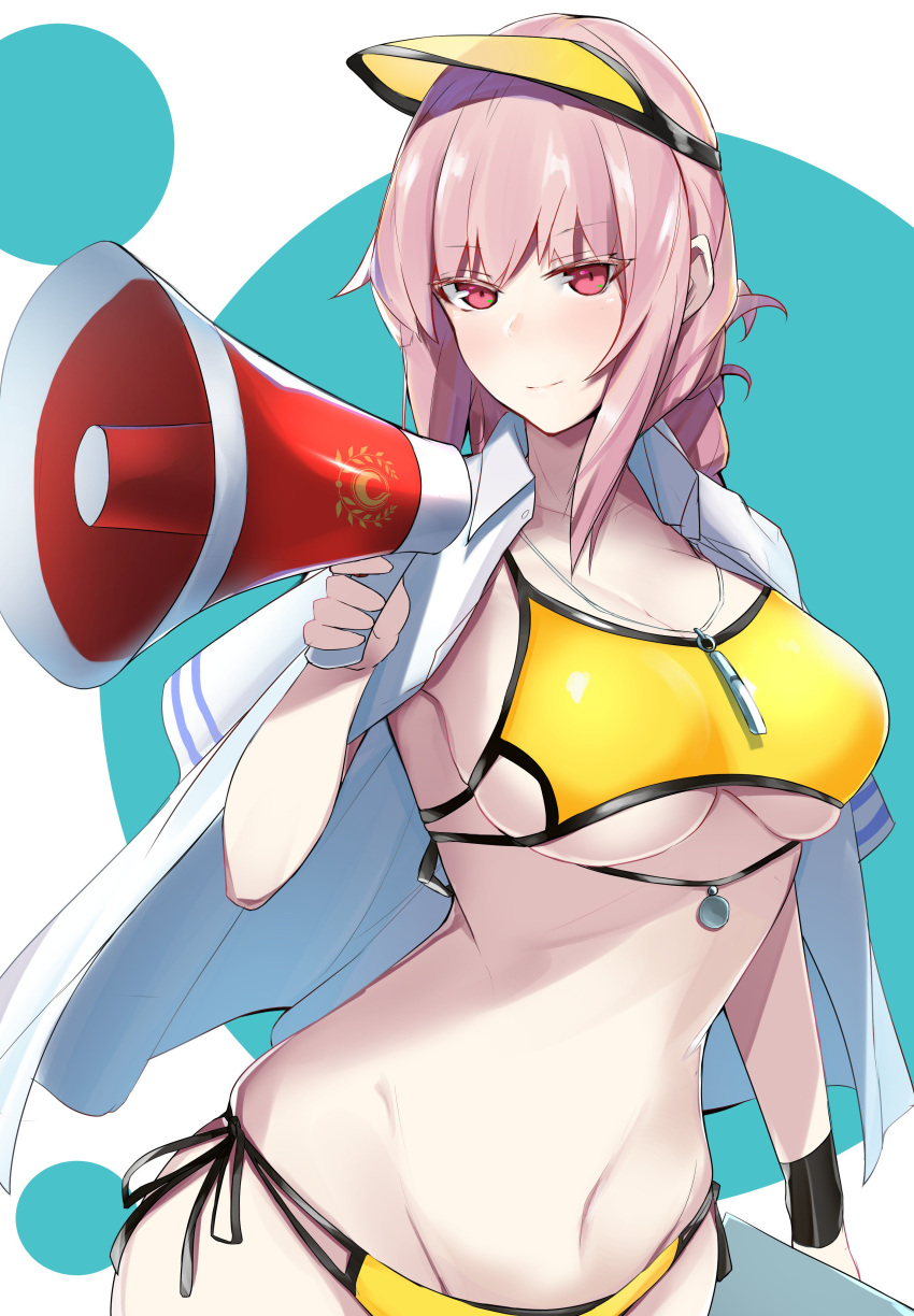 1girl absurdres bangs bare_shoulders bikini blush braid breasts cleavage closed_mouth collarbone eyebrows_visible_through_hair eyelashes fate/grand_order fate_(series) florence_nightingale_(fate/grand_order) folded_ponytail highres hips jacket large_breasts long_hair looking_at_viewer megaphone nanakaku navel open_clothes open_jacket pink_hair red_eyes side-tie_bikini smile solo swimsuit thighs visor_cap waist whistle white_jacket wristband yellow_bikini