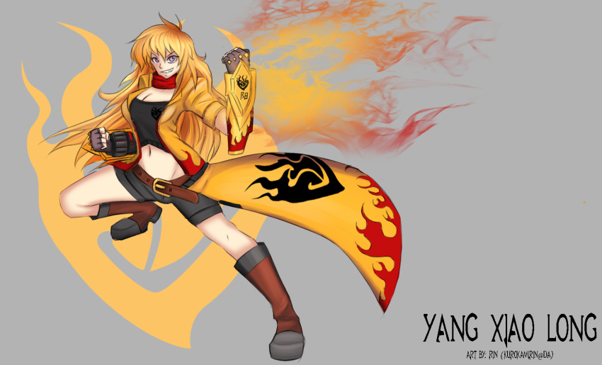 1girl alternate_costume bangs breasts ember_celica_(rwby) fighting_stance highres kurokamirin long_hair rwby smile very_long_hair violet_eyes yang_xiao_long