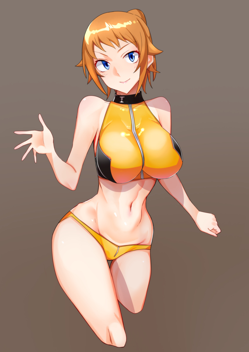 1girl bare_shoulders blue_eyes breasts crop_top cropped_legs grey_background gundam gundam_build_fighters gundam_build_fighters_try highres hoshino_fumina large_breasts light_brown_hair midriff navel ponytail short_shorts shorts simple_background smile solo webslinger