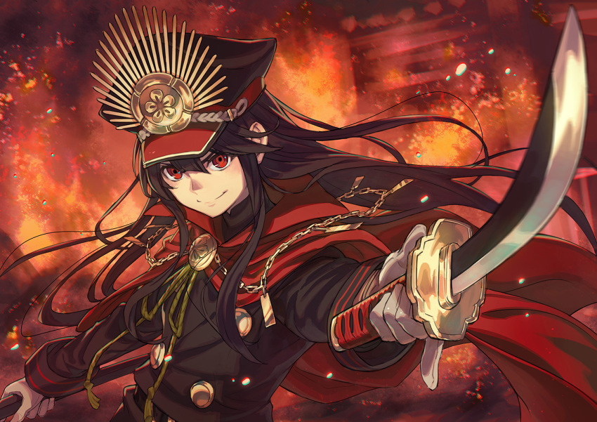 1girl androgynous black_hat black_jacket cape chains fate/grand_order fate_(series) fire gloves grey_gloves hair_between_eyes hat holding holding_sword holding_weapon jacket kodachi kusano_shinta looking_at_viewer military military_hat military_uniform oda_nobunaga_(fate) outdoors red_cape red_eyes short_sword smile solo sword uniform upper_body weapon
