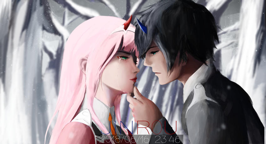 1boy 1girl absurdres artist_name bangs black_hair blue_eyes commentary_request couple crying crying_with_eyes_open darling_in_the_franxx dated green_eyes hair_ornament hairband hand_on_another's_chin hetero highres hiro_(darling_in_the_franxx) horns jinr0u long_hair long_sleeves military military_uniform necktie oni_horns orange_neckwear pink_hair red_horns short_hair snow snowing tears tree uniform white_hairband zero_two_(darling_in_the_franxx)