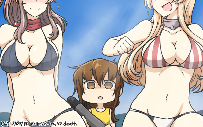 +++ 3girls bikini blonde_hair blue_sky blush breast_envy breasts brown_eyes brown_hair commentary dated day empty_eyes folded_ponytail hamu_koutarou head_out_of_frame highres inazuma_(kantai_collection) iowa_(kantai_collection) kantai_collection large_breasts long_hair multiple_girls navel one-piece_swimsuit plasma-chan_(kantai_collection) saratoga_(kantai_collection) shaded_face sky swimsuit torpedo