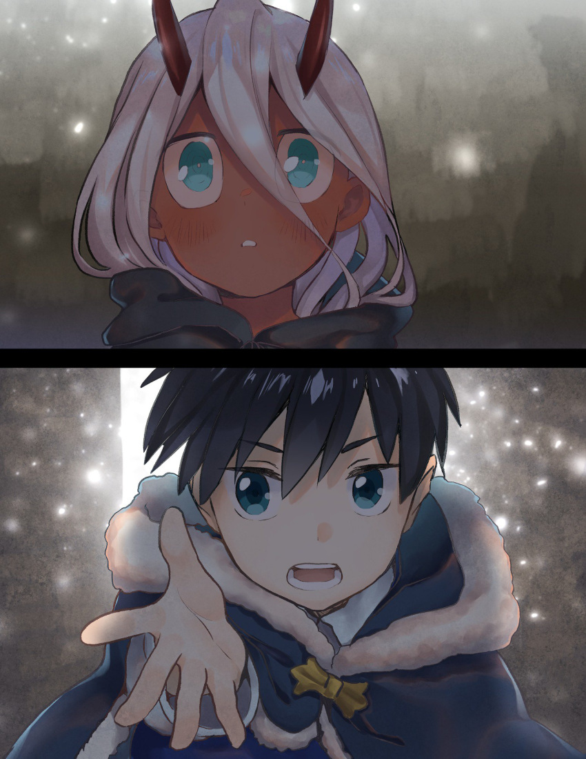 1boy 1girl bandage bangs black_cloak black_hair blue_eyes bomhat cloak coat commentary couple darling_in_the_franxx eyebrows_visible_through_hair eyes_visible_through_hair fur_trim green_eyes grey_coat hetero highres hiro_(darling_in_the_franxx) hood hooded_cloak horns long_hair oni_horns parka pink_hair red_horns red_pupils red_sclera red_skin short_hair winter_clothes winter_coat younger zero_two_(darling_in_the_franxx)
