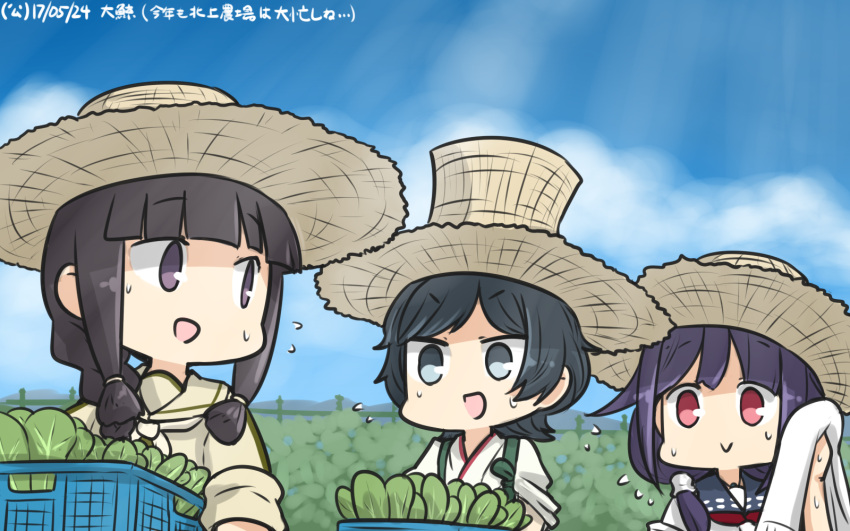 3girls :d bangs black_hair blue_sky blunt_bangs braid clouds commentary dated day flying_sweatdrops food hair_ribbon hakama hamu_koutarou hat highres japanese_clothes kantai_collection kitakami_(kantai_collection) long_hair low_twintails matsukaze_(kantai_collection) meiji_schoolgirl_uniform multiple_girls open_mouth purple_hair red_eyes ribbon school_uniform serafuku short_hair single_braid sky smile straw_hat sweat taigei_(kantai_collection) tasuki top_hat towel tress_ribbon twintails vegetable