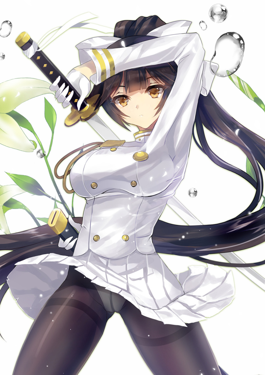 1girl azur_lane black_hair black_legwear bow breasts brown_eyes closed_mouth commentary_request criss-cross_halter deizzo_bubunya flower gloves hair_bow halterneck highres holding holding_sword holding_weapon katana large_breasts long_hair panties panties_under_pantyhose pantyhose ponytail simple_background skirt solo sword takao_(azur_lane) underwear uniform very_long_hair weapon white_background white_bow white_gloves white_panties white_skirt