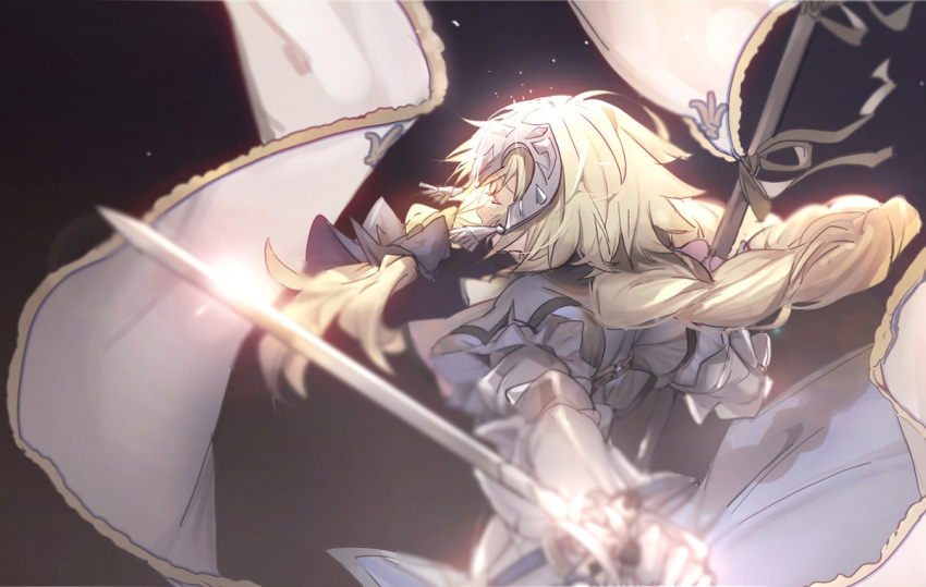 1girl armor armored_dress banner black_bow blonde_hair bow braid closed_eyes fate/apocrypha fate_(series) gauntlets hair_bow holding holding_sword holding_weapon jeanne_d'arc_(fate) jeanne_d'arc_(fate)_(all) long_hair no-kan outstretched_arms ponyta single_braid solo standing sword very_long_hair weapon