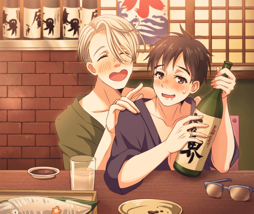 2boys black_hair blue-framed_eyewear blue_eyes blush bottle brown_eyes cup drinking_glass drooling drunk eyewear_removed glasses hand_on_another's_shoulder heart-shaped_mouth highres japanese_clothes jewelry katsuki_yuuri male_focus multiple_boys open_mouth plate ring silver_hair smile squid table twc_(p-towaco) viktor_nikiforov yuri!!!_on_ice