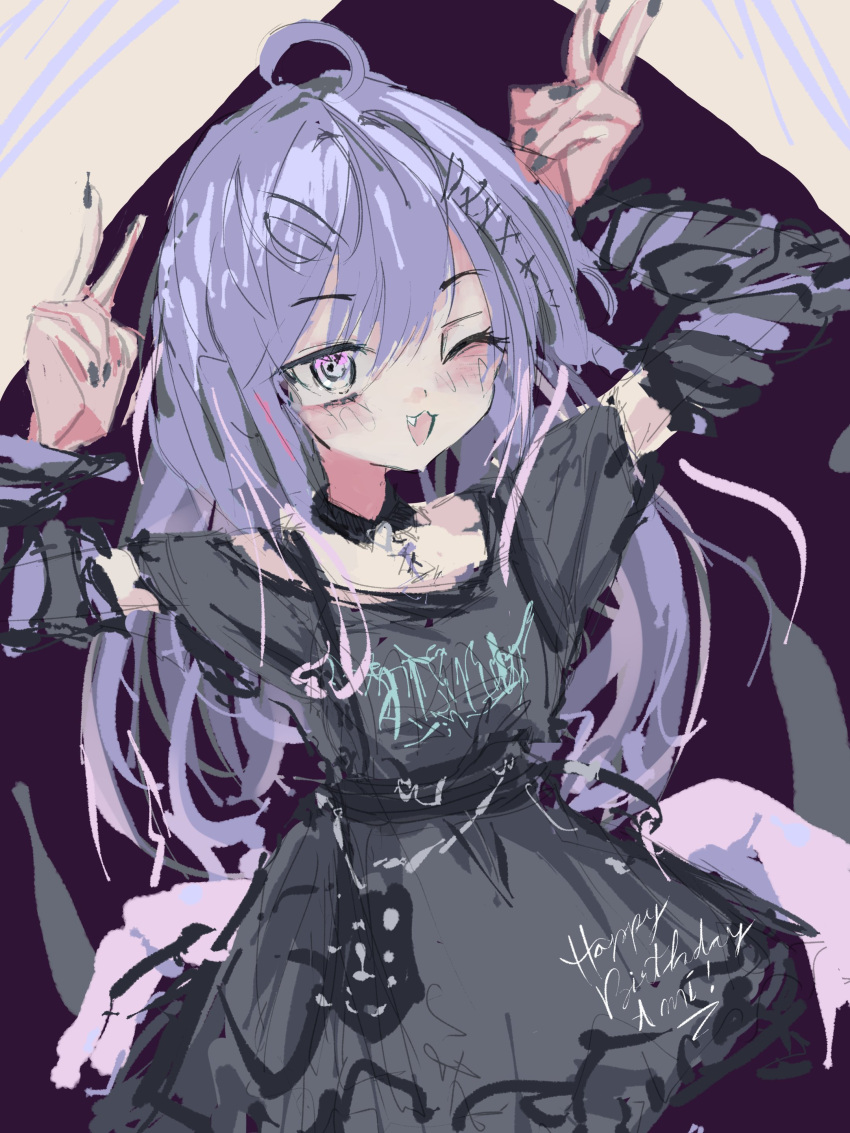 1girl 89_(oni_1000) :3 absurdres amiya_aranha amiya_aranha_(2nd_costume) arthropod_limbs black_dress blush detached_sleeves double_v dress english_commentary extra_legs fang grey_nails happy_birthday highres indie_virtual_youtuber long_hair looking_up official_alternate_costume one_eye_closed open_mouth sketch solo striped_sleeves v very_long_hair violet_eyes virtual_youtuber