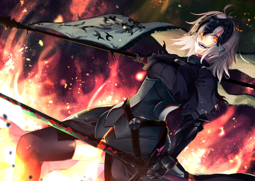 1girl :d antenna_hair armor armored_dress banner black_armor black_legwear fate/grand_order fate_(series) fire gauntlets holding holding_sword holding_weapon jeanne_d'arc_(alter)_(fate) jeanne_d'arc_(fate)_(all) long_hair looking_at_viewer open_mouth orange_eyes shimozuki_shio silver_hair smile solo standing sword thigh-highs weapon