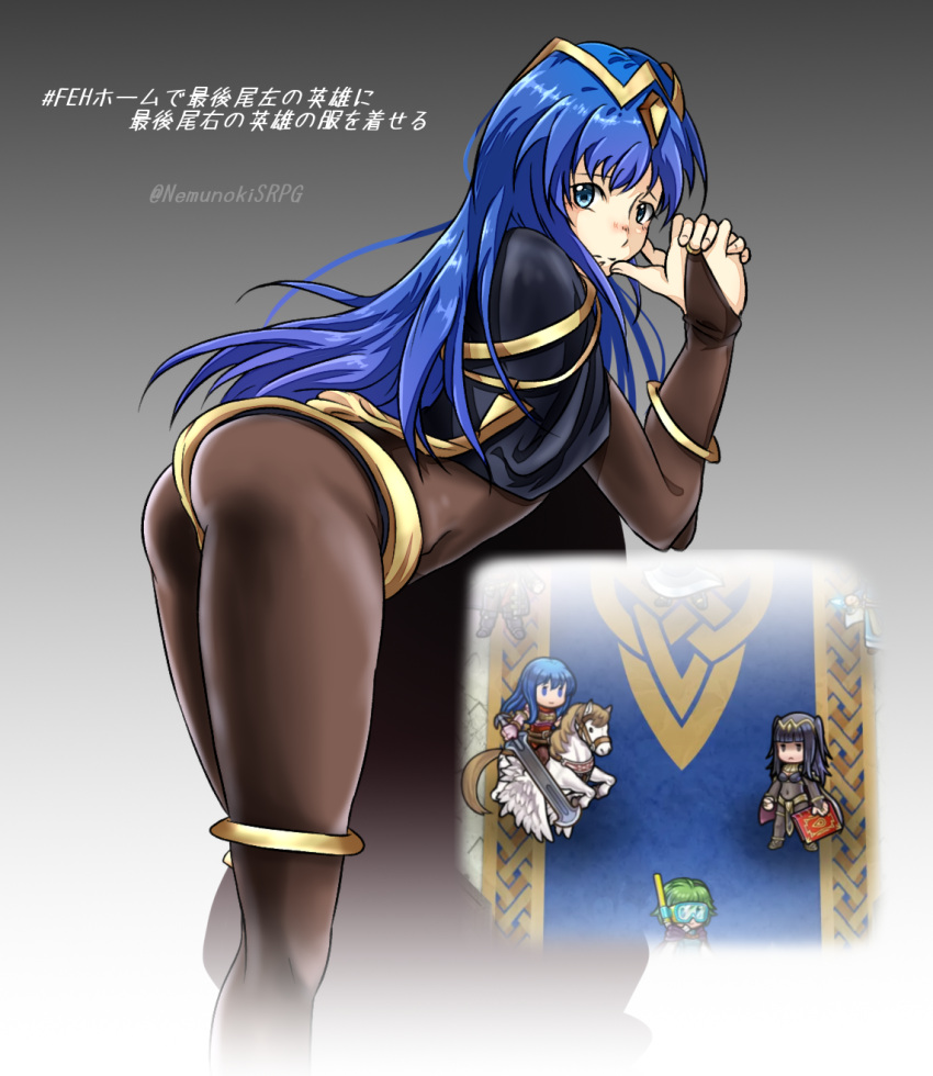 1girl alternate_costume artist_request ass blue_eyes blue_hair blush bodystocking bodysuit bracelet breasts bridal_gauntlets cape chibi circlet cleavage cosplay elbow_gloves fire_emblem fire_emblem:_kakusei fire_emblem:_mystery_of_the_emblem fire_emblem:_rekka_no_ken fire_emblem_heroes gloves highres jewelry long_hair looking_at_viewer nino_(fire_emblem) pegasus_knight sheeda solo tharja tharja_(cosplay) thighs tiara