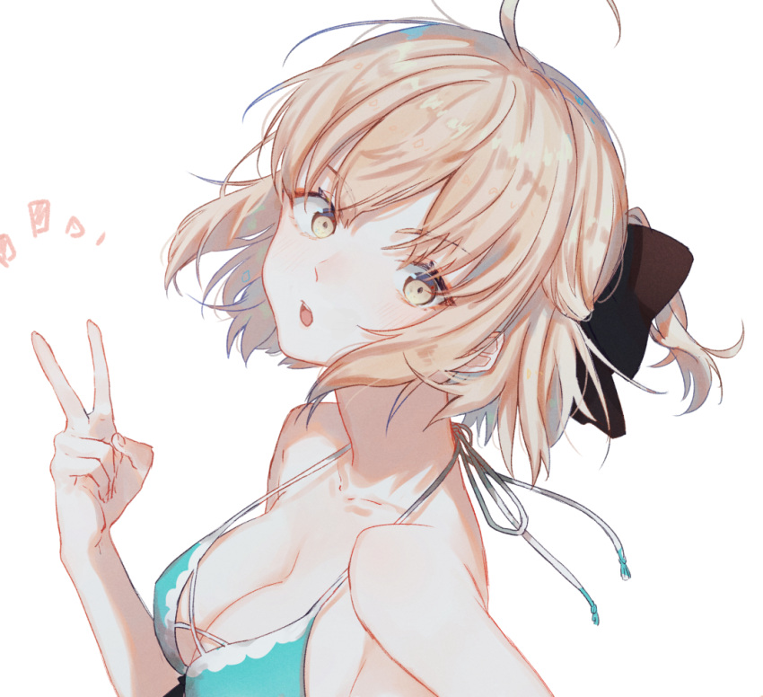 1girl ahoge black_bow blonde_hair blue_bikini_top bow breasts cleavage collarbone eyebrows_visible_through_hair fate/grand_order fate_(series) hair_bow halterneck looking_at_viewer medium_breasts okita_souji_(fate) okita_souji_(fate)_(all) open_mouth short_hair short_ponytail sideboob simple_background solo upper_body v white_background yellow_eyes yuno_tsuitta