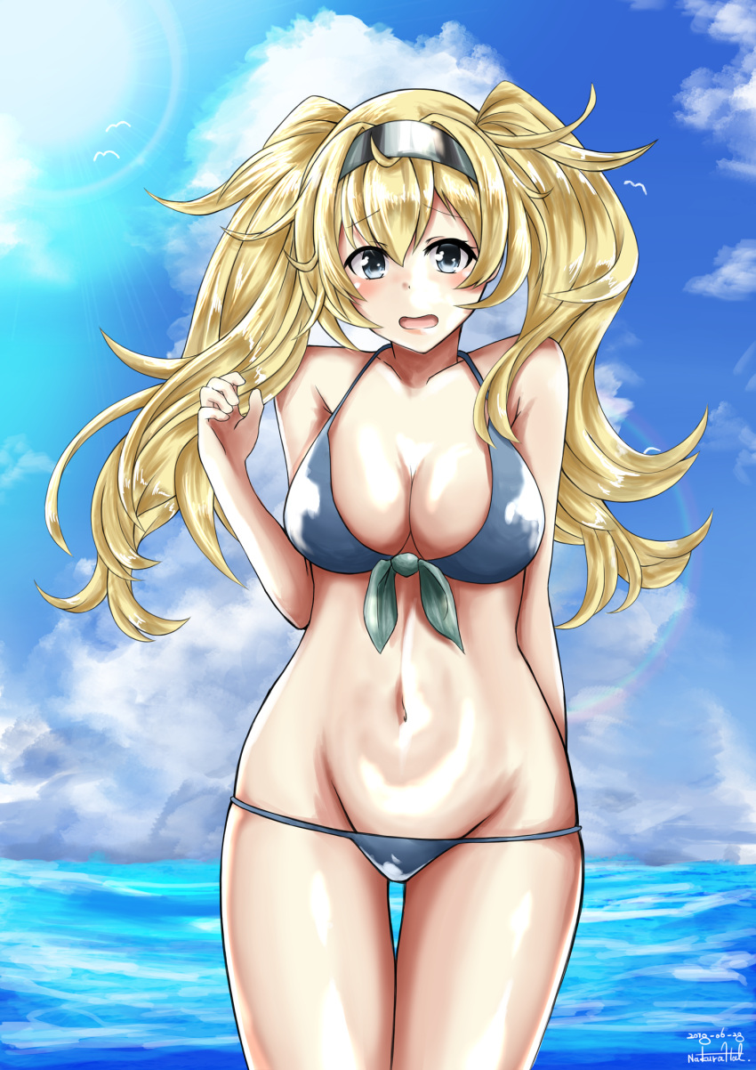 1girl alternate_costume arm_behind_back bare_shoulders bikini blonde_hair blue_eyes blue_sky blush breasts clouds collarbone cowboy_shot dated day front-tie_top gambier_bay_(kantai_collection) hair_between_eyes hairband hand_up highres kantai_collection large_breasts long_hair lowleg lowleg_bikini nakura_haru navel ocean open_mouth outdoors signature sky solo stomach swimsuit thighs twintails