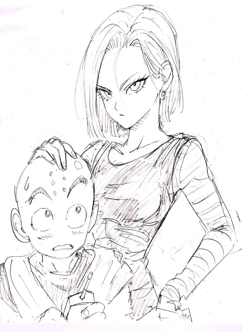 1boy 1girl android_18 bald black_eyes blush commentary_request controller dougi dragon_ball dragonball_z earrings expressionless eyelashes fingernails greyscale hand_on_another's_head hand_on_hip highres jewelry kuririn long_sleeves looking_at_another looking_at_viewer monochrome murata_yuusuke open_mouth serious short_hair simple_background sweatdrop upper_body white_background wide-eyed