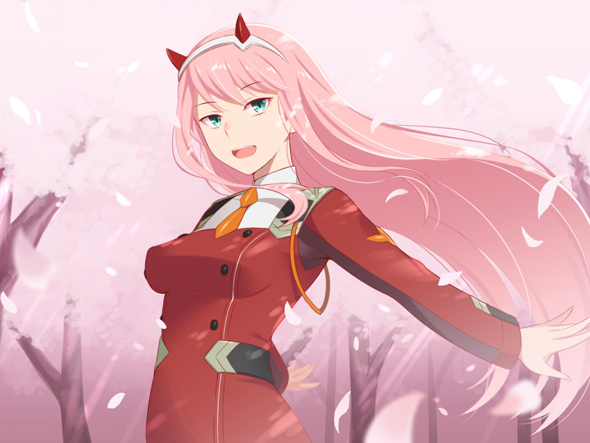 1girl :d arms_behind_back bangs blue_eyes breasts buttons cherry_blossoms darling_in_the_franxx eyebrows_visible_through_hair fang floating_hair hairband honda_naoki long_hair long_sleeves medium_breasts necktie open_mouth orange_neckwear petals pink_hair short_necktie smile solo straight_hair teeth tree uniform white_hairband zero_two_(darling_in_the_franxx)