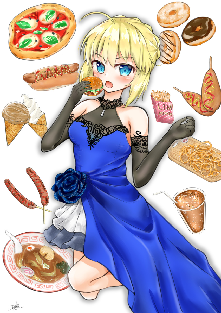 1girl :o absurdres ahoge artoria_pendragon_(all) asymmetrical_clothes bangs bare_shoulders bendy_straw black_gloves blonde_hair blue_dress blue_eyes blue_flower blue_rose blush bowl braid breasts collarbone commentary_request condiment corndog crown_braid cup doughnut dress drinking_glass drinking_straw eating elbow_gloves eyebrows_visible_through_hair fate_(series) flower food food_request french_fries gloves hamburger hands_up hardboiled_egg highres holding holding_food hot_dog ice ice_cream ice_cream_cone ice_cube kamaboko ketchup lace lace-trimmed_dress lace-trimmed_gloves layered_dress limitlimlim long_dress looking_at_viewer medium_breasts mustard narutomaki noodles onion_rings open_mouth pizza rose saber short_hair sidelocks signature simple_background sleeveless sleeveless_dress soft_serve solo spoon white_background