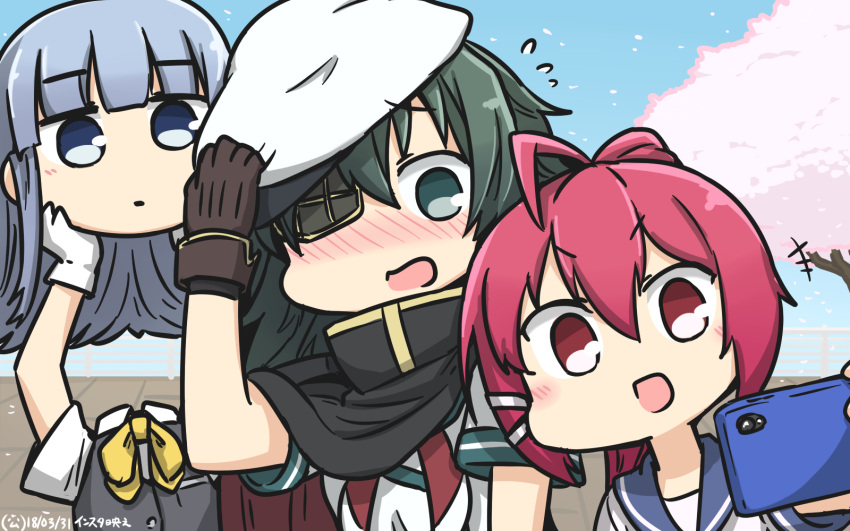 +++ 3girls :d blue_eyes blue_hair blue_sailor_collar blush brown_gloves cape cellphone cherry_blossoms commentary dated disembodied_head eyepatch gloves green_eyes green_hair grey_vest hamu_koutarou hat hatsukaze_(kantai_collection) highres holding holding_phone i-168_(kantai_collection) kantai_collection kiso_(kantai_collection) long_hair multiple_girls neckerchief open_mouth petals phone pink_hair ponytail red_eyes red_neckwear remodel_(kantai_collection) sailor_collar sailor_hat school_uniform serafuku shirt short_hair short_sleeves smartphone smile v-shaped_eyebrows vest white_gloves white_hat white_shirt