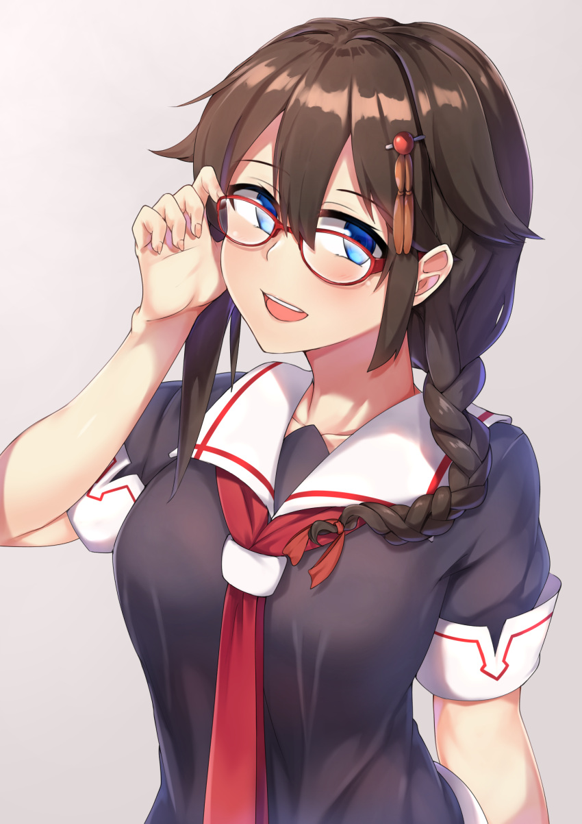 1girl :d ahoge bangs black_hair blue_eyes blush braid breasts collarbone eyebrows_visible_through_hair glasses hair_between_eyes hair_flaps hair_ornament hair_over_shoulder hair_ribbon hand_on_eyewear highres kantai_collection long_hair medium_breasts neckerchief open_mouth purple_background red-framed_eyewear red_neckwear remodel_(kantai_collection) ribbon ryouya sailor_collar school_uniform serafuku shigure_(kantai_collection) short_sleeves sidelocks simple_background single_braid smile solo