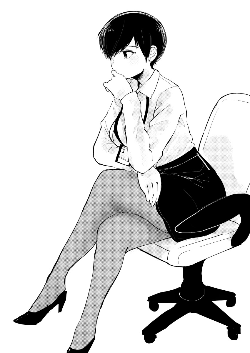 1girl absurdres bangs breasts chair collared_shirt earrings hand_to_own_mouth high_heels highres id_card jewelry large_breasts legs legs_crossed monochrome norman_maggot office_chair office_lady ol-chan_(norman_maggot) original pantyhose pencil_skirt shirt short_hair sitting skirt solo sweat thinking