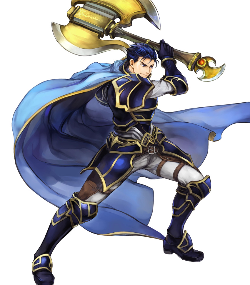 1boy armor armored_boots axe bangs battle_axe belt blue_eyes blue_hair boots cape closed_mouth fire_emblem fire_emblem:_rekka_no_ken fire_emblem_heroes full_body gauntlets hector_(fire_emblem) highres holding holding_weapon long_sleeves official_art pants short_hair shoulder_armor shoulder_pads solo transparent_background wada_sachiko weapon