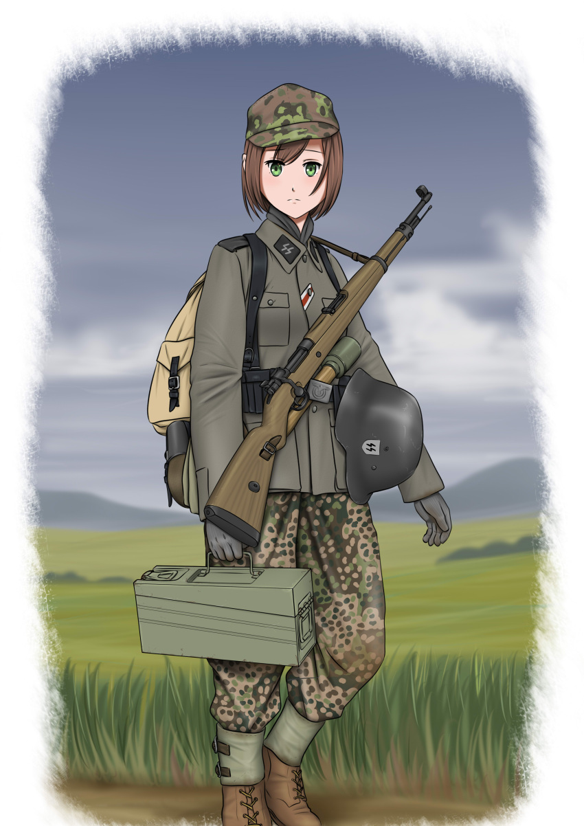 1girl absurdres backpack bag bolt_action brown_hair camouflage commentary english_commentary explosive germany gloves grass green_eyes grenade gun hat headwear_removed helmet helmet_removed highres looking_at_viewer mauser_98 military military_hat military_uniform millimeter original outdoors rifle short_hair solo ss_insignia stahlhelm stielhandgranate uniform weapon world_war_ii