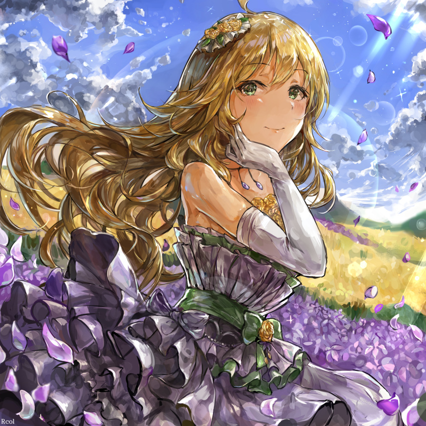 1girl ahoge artist_name blonde_hair blue_sky chan1moon clouds day dress elbow_gloves floating_hair flower gloves grey_dress hair_ornament highres hoshii_miki idolmaster idolmaster_(classic) idolmaster_million_live! idolmaster_million_live!_theater_days layered_dress lens_flare long_hair looking_at_viewer outdoors petals purple_flower sky solo sparkle striped striped_dress sunlight very_long_hair white_gloves