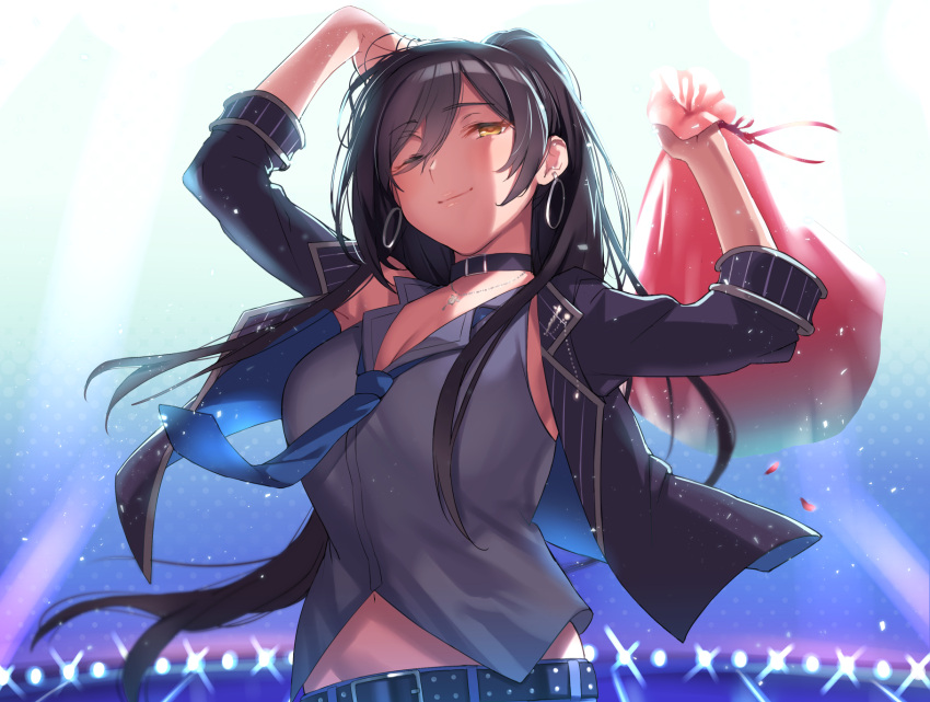 1girl arms_up bangs belt black_hair black_jacket blush breasts choker cleavage closed_mouth earrings green_neckwear grey_shirt hair_between_eyes highres hoop_earrings idolmaster idolmaster_shiny_colors jacket jewelry large_breasts long_hair looking_to_the_side necktie nekoshoko one_eye_closed ponytail shirase_sakuya shirt sleeveless sleeveless_shirt sleeves_rolled_up smile solo stage_lights waist yellow_eyes