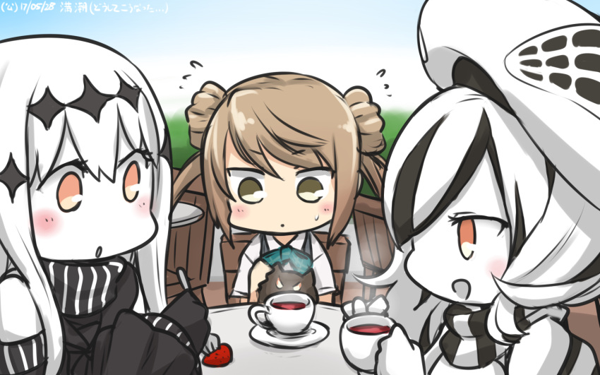 3girls :o aircraft_carrier_water_oni bare_shoulders beret black_dress blush brown_eyes brown_hair chair commentary cup dated detached_sleeves double_bun dress flying_sweatdrops food fork fruit hamu_koutarou hat highres kantai_collection long_hair michishio_(kantai_collection) multicolored_hair multiple_girls open_mouth parted_lips seaplane_tender_water_hime shinkaisei-kan short_twintails strawberry sweat table teacup twintails white_hair white_skin