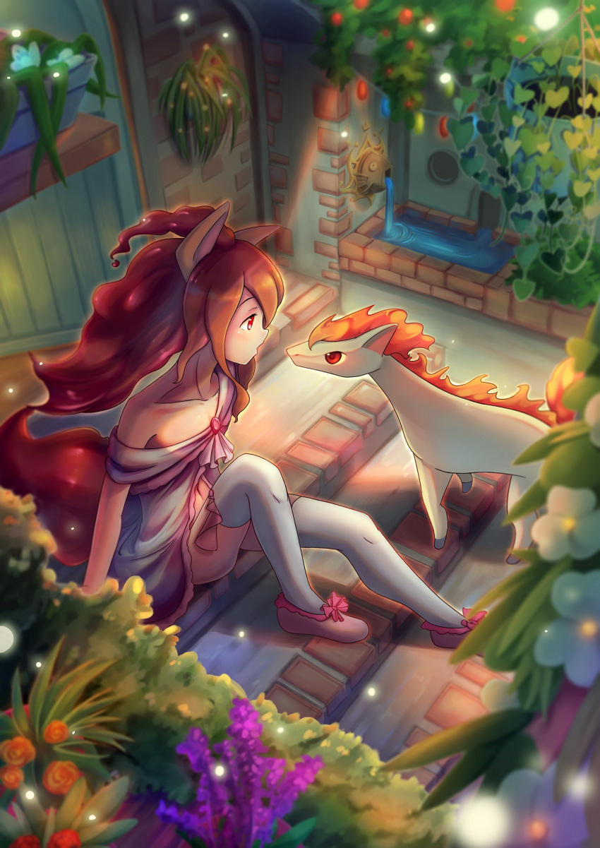 1girl animal_ears bai_qiao ballet_slippers brown_hair collarbone eye_contact gargoyle hair_between_eyes highres horse_ears inside long_hair looking_at_another magikarp moemon off_shoulder personification pink_footwear plant pokemon pokemon_(creature) ponyta potted_plant red_eyes sitting stairs tail water white_legwear