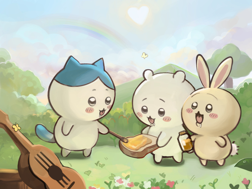 :d animal bear blue_hair blush_stickers bottle bug butterfly cat chiikawa chiikawa_(character) clouds commentary_request day dokomon drooling flower grey_eyes guitar heart highres holding holding_bottle holding_spoon instrument korean_commentary mountain outdoors pink_flower rabbit rainbow smile spoon standing tree white_flower