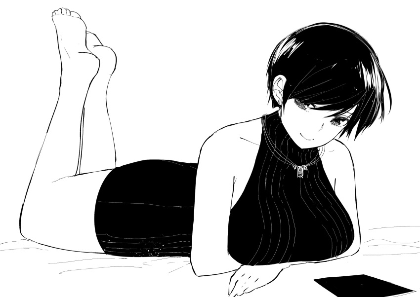 1girl bangs bare_legs bare_shoulders barefoot black_dress breasts closed_mouth collarbone dress earrings halterneck highres jewelry large_breasts looking_at_viewer lying monochrome necklace norman_maggot ol-chan_(norman_maggot) on_stomach original short_dress short_hair smile solo sweater sweater_dress