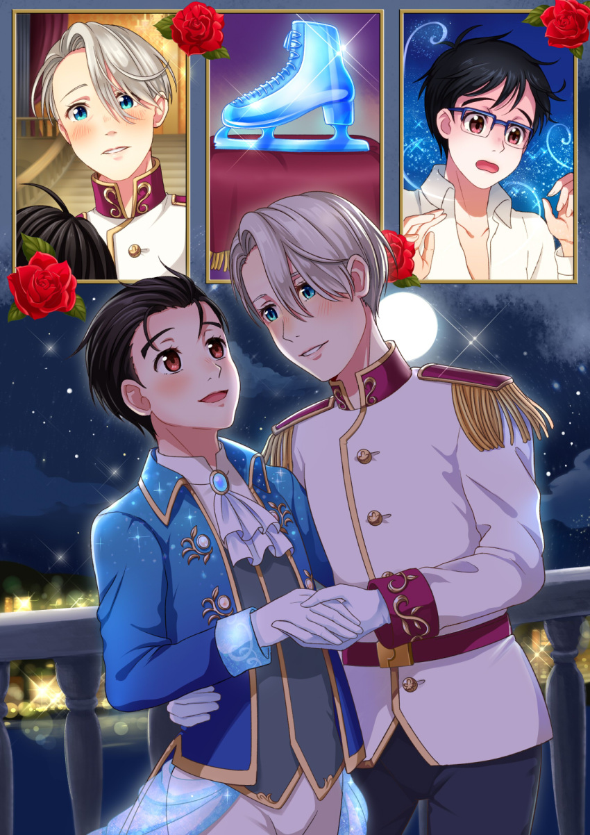 2boys black_hair blue-framed_eyewear blue_eyes brown_eyes cinderella collared_shirt cravat epaulettes flower full_moon glasses gloves hand_holding highres ice_skates katsuki_yuuri male_focus moon multiple_boys open_mouth red_flower red_rose rose shirt silver_hair skates sky smile sparkle stairs star_(sky) starry_sky twc_(p-towaco) viktor_nikiforov white_gloves yaoi yuri!!!_on_ice