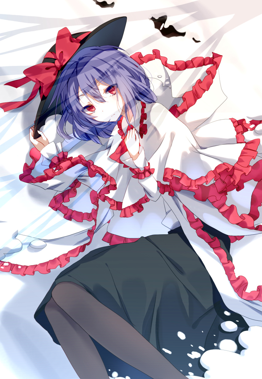 1girl black_legwear black_skirt bow capelet chokie frilled_ribbon frills hat hat_bow highres long_skirt lying nagae_iku purple_hair red_bow red_eyes ribbon short_hair skirt solo touhou