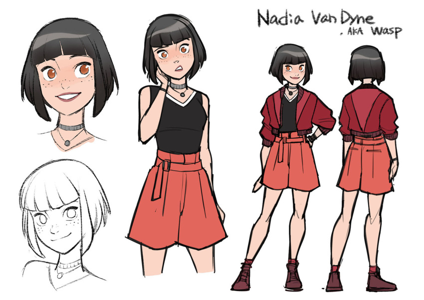 1girl black_hair black_shirt breasts brown_eyes character_name character_sheet choker eyebrows_visible_through_hair freckles from_behind grey_choker gurihiru hand_on_hip hand_on_own_cheek highres jacket jewelry looking_at_viewer marvel medium_breasts multiple_views nadia_van_dyne necklace official_art orange_shorts pink_lips red_jacket shirt short_hair shorts simple_background sleeveless sleeveless_shirt smile standing white_background