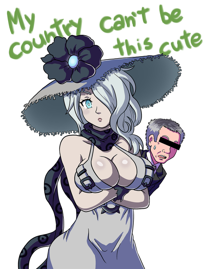 1boy 1girl aqua_eyes black_gloves breasts can't_be_this_cute censored cleavage copyright crossed_arms darkyamatoman dress gloves grey_hair hair_over_one_eye hat highres identity_censor kantai_collection large_breasts lee_hsien_loong meme open_mouth ore_no_imouto_ga_konna_ni_kawaii_wake_ga_nai parody pout real_life scarf seaport_summer_hime singapore teeth title_parody