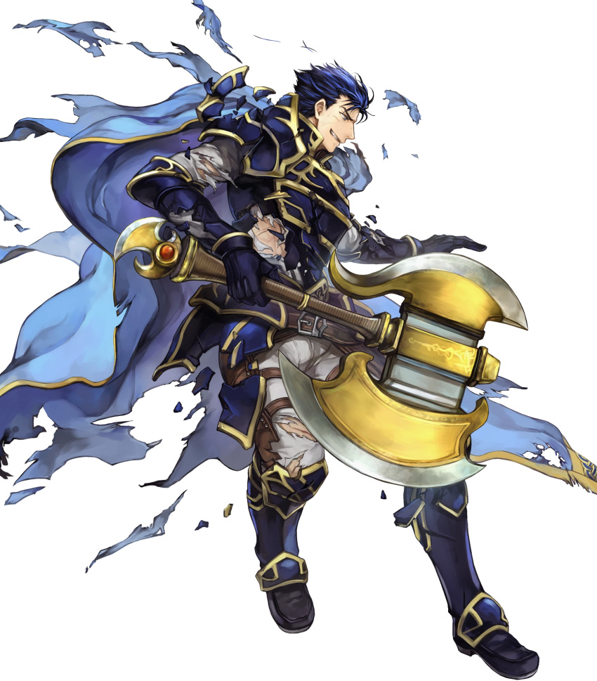 1boy armor armored_boots axe bangs battle_axe belt blue_eyes blue_hair boots broken_armor cape fire_emblem fire_emblem:_rekka_no_ken fire_emblem_heroes full_body gauntlets hector_(fire_emblem) highres holding holding_weapon long_sleeves official_art pants parted_lips scar short_hair shoulder_armor shoulder_pads smile solo torn_cape torn_clothes transparent_background wada_sachiko weapon