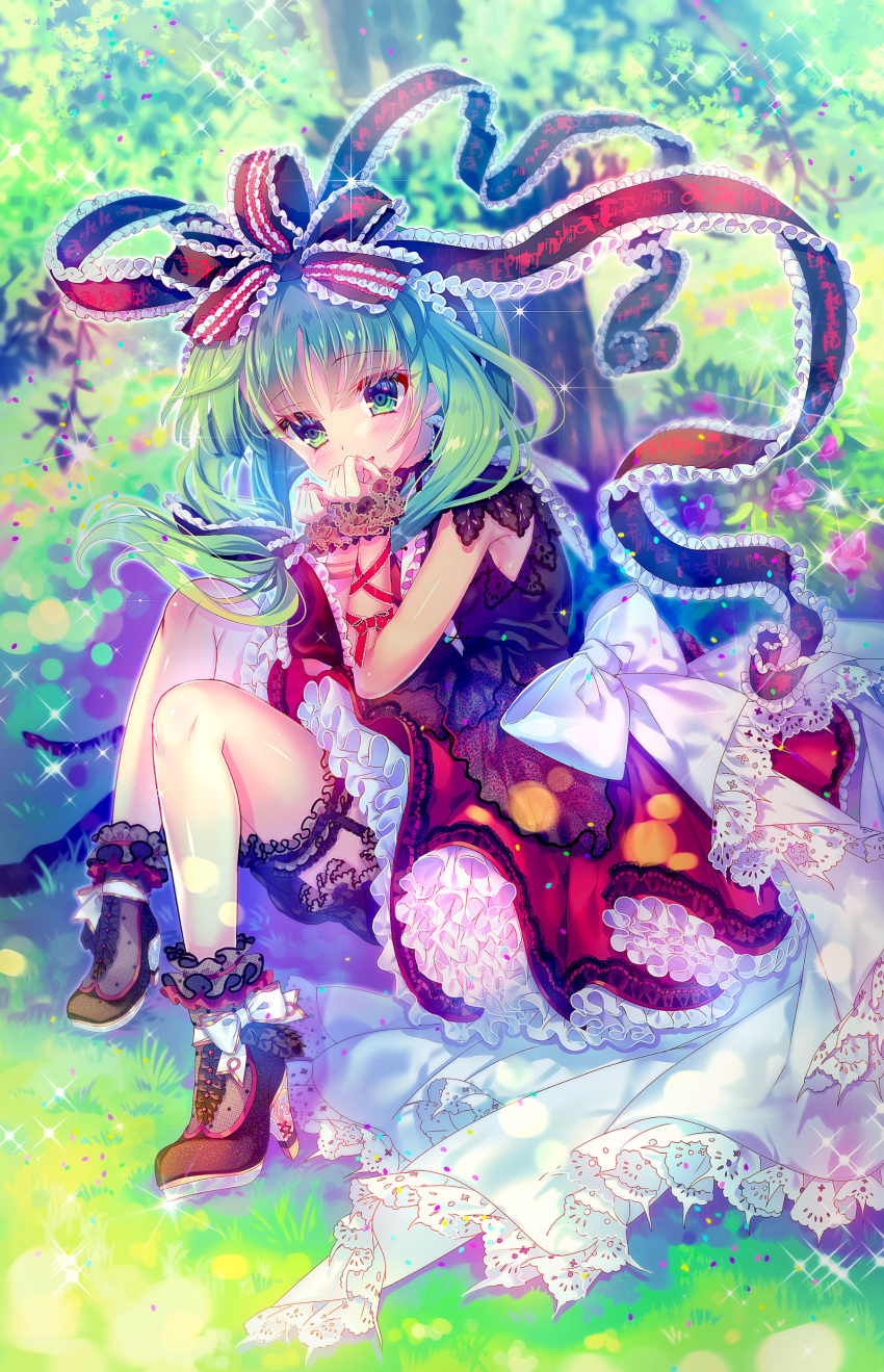 1girl absurdres amo aqua_eyes aqua_hair bangs bow clenched_hands commentary_request day eyebrows_visible_through_hair flower frilled_ribbon frills front_ponytail garter_straps hair_ribbon hand_to_own_mouth high_heels highres kagiyama_hina lace lace-trimmed_ribbon lace_trim leg_garter lolita_fashion long_hair outdoors ribbon scrunchie solo sparkle touhou tree white_bow wrist_ribbon wrist_scrunchie