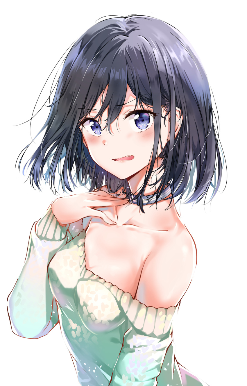 1girl absurdres adagaki_aki bangs black_hair blue_eyes blush casual collar collarbone collared_shirt eyebrows_visible_through_hair hair_between_eyes hand_to_throat highres long_sleeves looking_at_viewer masamune-kun_no_revenge no_bra off-shoulder_sweater open_mouth shirt short_hair single_bare_shoulder solo sunhyun sweater upper_body wavy_mouth white_background