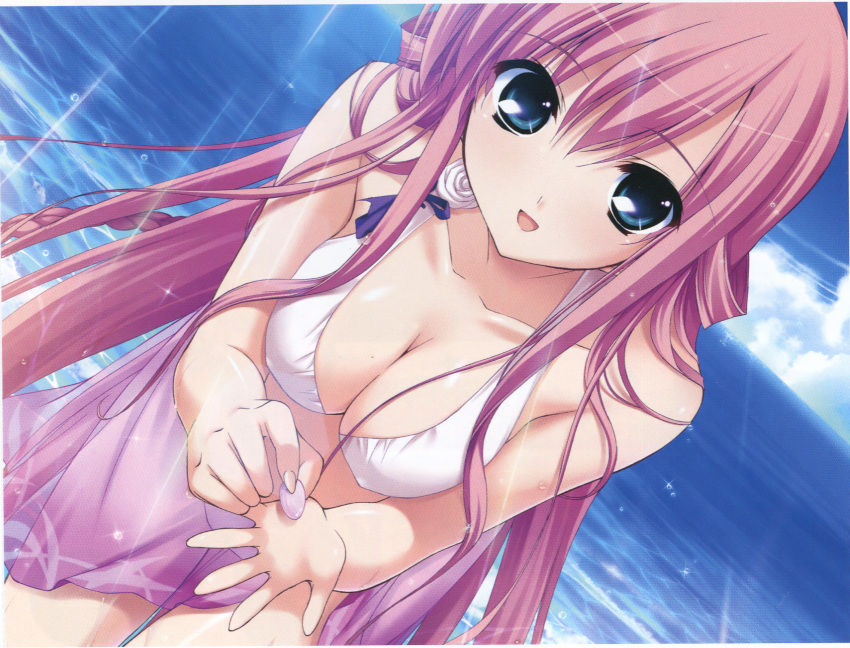 bikini blue_eyes braid breasts cleavage cloud clouds dutch_angle erect_nipples fumio highres hoshiuta long_hair ocean open_mouth pink_hair sarong smile swimsuit very_long_hair water wet