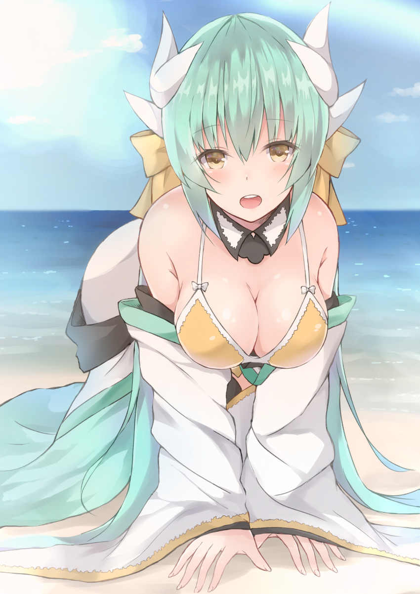 1girl absurdres all_fours aqua_hair bare_shoulders beach bikini blue_sky blush bow breasts cleavage day fate/grand_order fate_(series) hair_bow hanging_breasts highres horns japanese_clothes kiyohime_(fate/grand_order) kiyohime_(swimsuit_lancer)_(fate) long_hair looking_at_viewer medium_breasts ocean off_shoulder open_mouth outdoors ponytail ribbon round_teeth sand sky smile solo sun sunlight swimsuit teeth water yellow_eyes yuzuru_(hayuiop123)