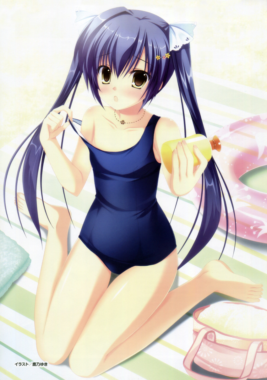 1girl absurdres bag blue_hair brown_eyes da_capo da_capo_iii highres innertube jewelry lotion_bottle necklace rukawa_sara school_swimsuit sitting swimsuit takano_yuki_(allegro_mistic) towel twintails wariza