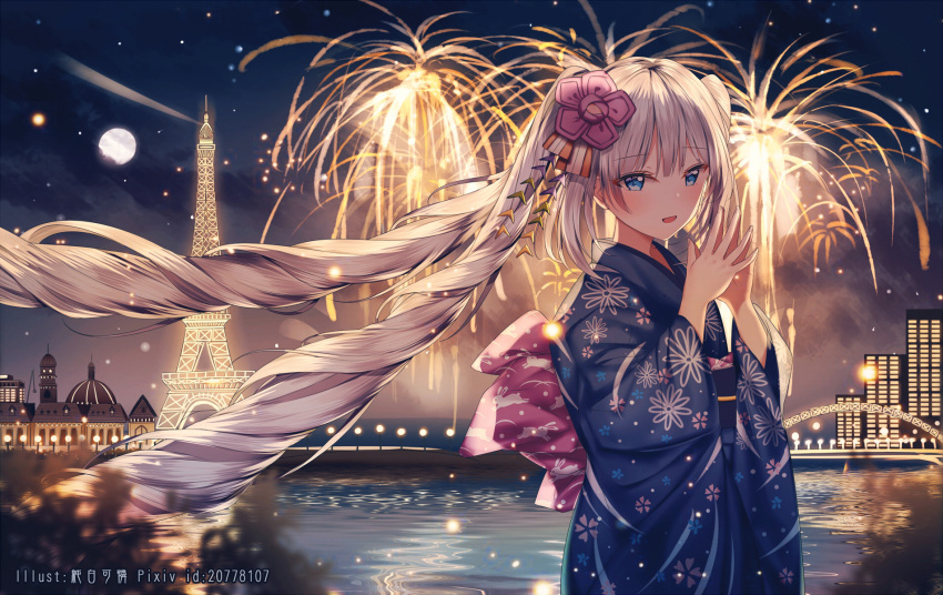 1girl :d bangs blue_eyes blue_kimono blush building city_lights cityscape commentary eiffel_tower eyebrows_visible_through_hair fate/apocrypha fate_(series) fireworks floral_print flower full_moon hair_flower hair_ornament hands_together highres japanese_clothes junpaku_karen kimono long_hair long_sleeves looking_at_viewer marie_antoinette_(fate/grand_order) moon night night_sky obi open_mouth river sash silver_hair sky smile solo twintails very_long_hair water wide_sleeves