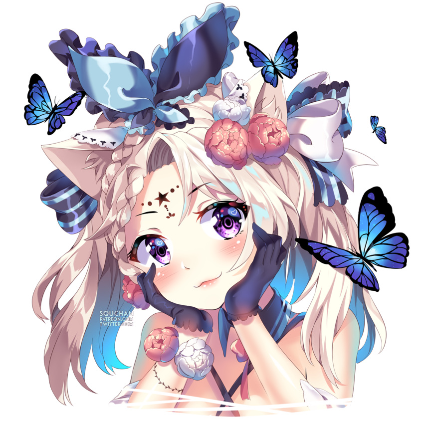 1girl :3 animal animal_ears arm_support artist_name bangs black_bow black_gloves blue_ribbon blush bow braid bug butterfly cat_ears closed_mouth commentary criss-cross_halter eyebrows_visible_through_hair facial_mark flower forehead_mark frilled_ribbon frills gloves hair_between_eyes hair_bow hair_ribbon halterneck head_tilt highres insect light_brown_hair long_hair original parted_bangs portrait red_flower red_rose ribbon rose simple_background smile solo squchan star striped striped_bow symbol_commentary twintails violet_eyes watermark web_address white_background white_flower white_rose